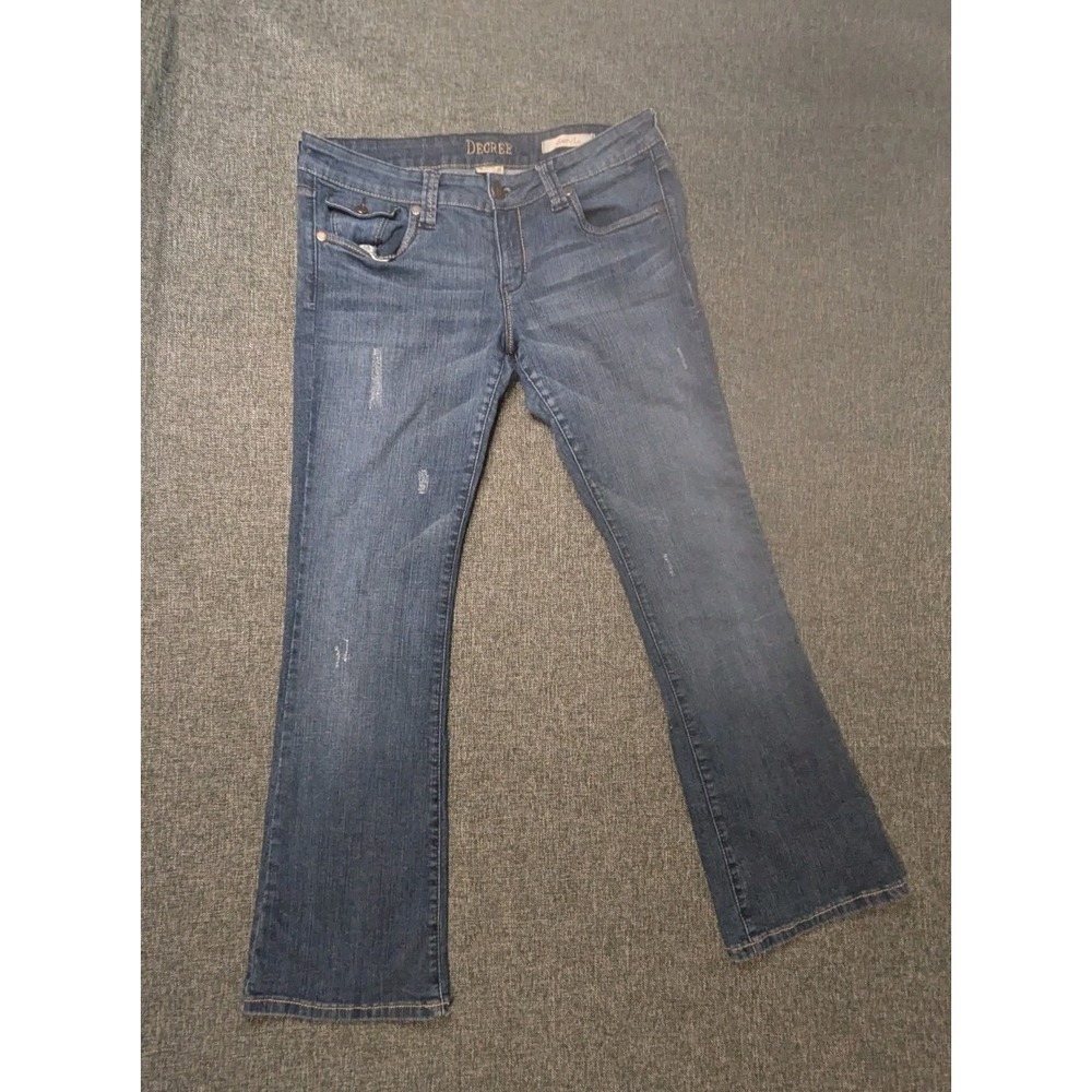 DECREE Women's Boot Cut Jeans Blue‎ Dark Wash Mid Rise Distressed Size 13 Pants